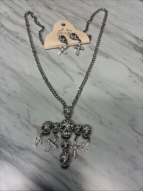 Silver Crystal Skull Cross Pendant Necklace - Women's Gothic Necklace
